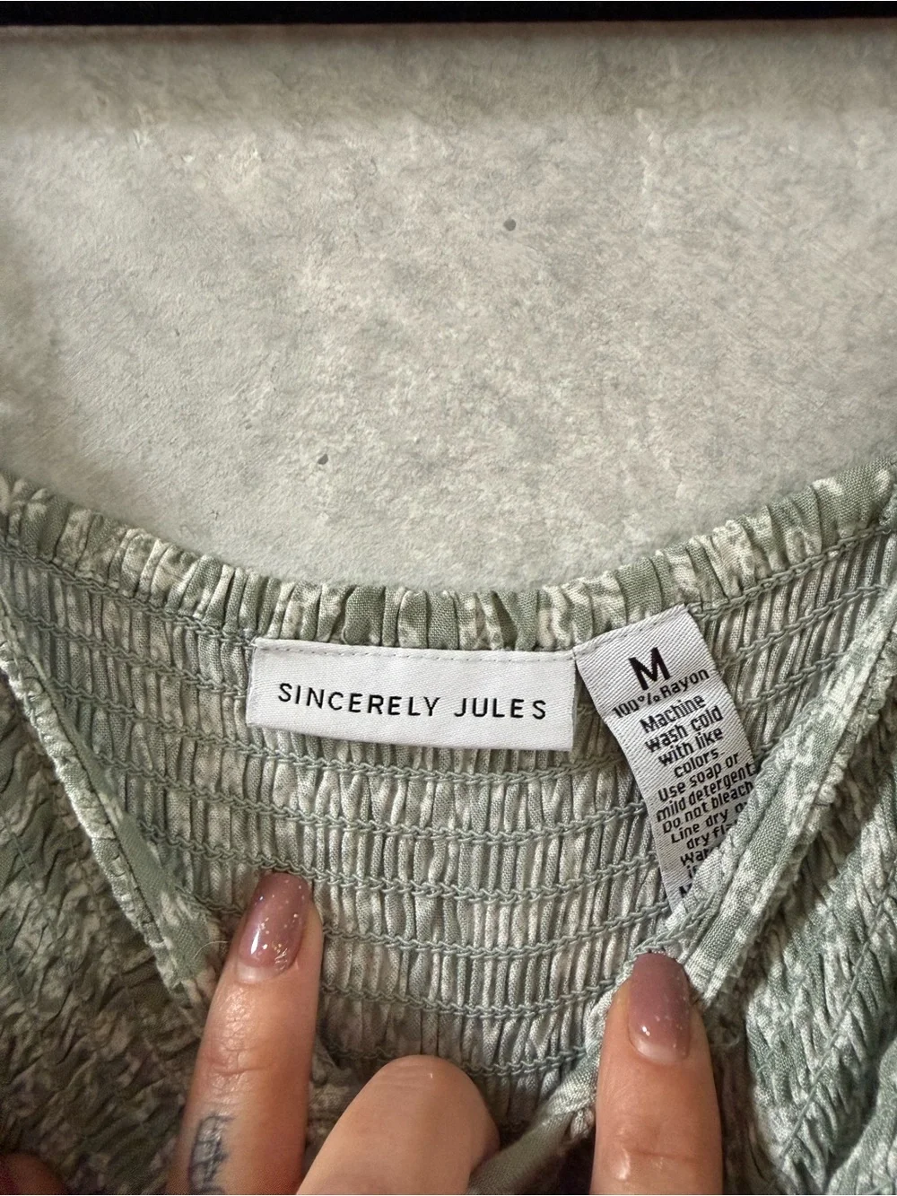Sincerely Jules Sage Green Smocked V-Neck Jumpsuit - Picture 2 of 3